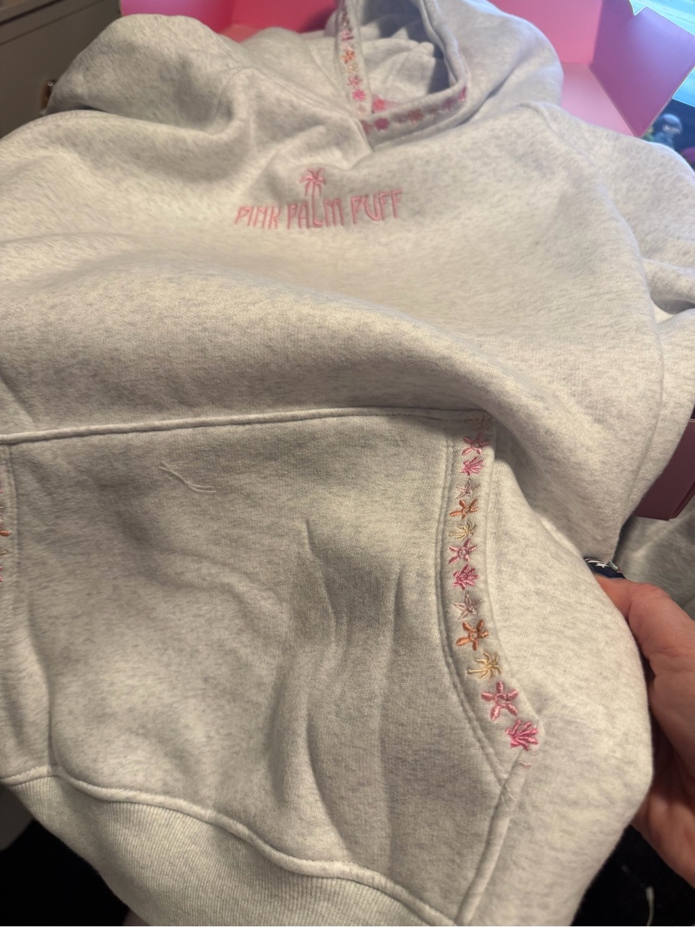 Pink Palm Puff Hoodie - Bold Coral Print - Picture 6 of 12
